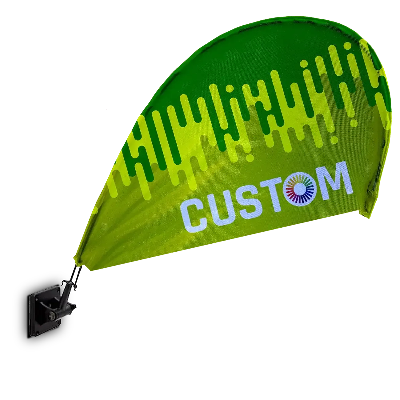 Green and yellow kite with 'CUSTOM' branding on a white background