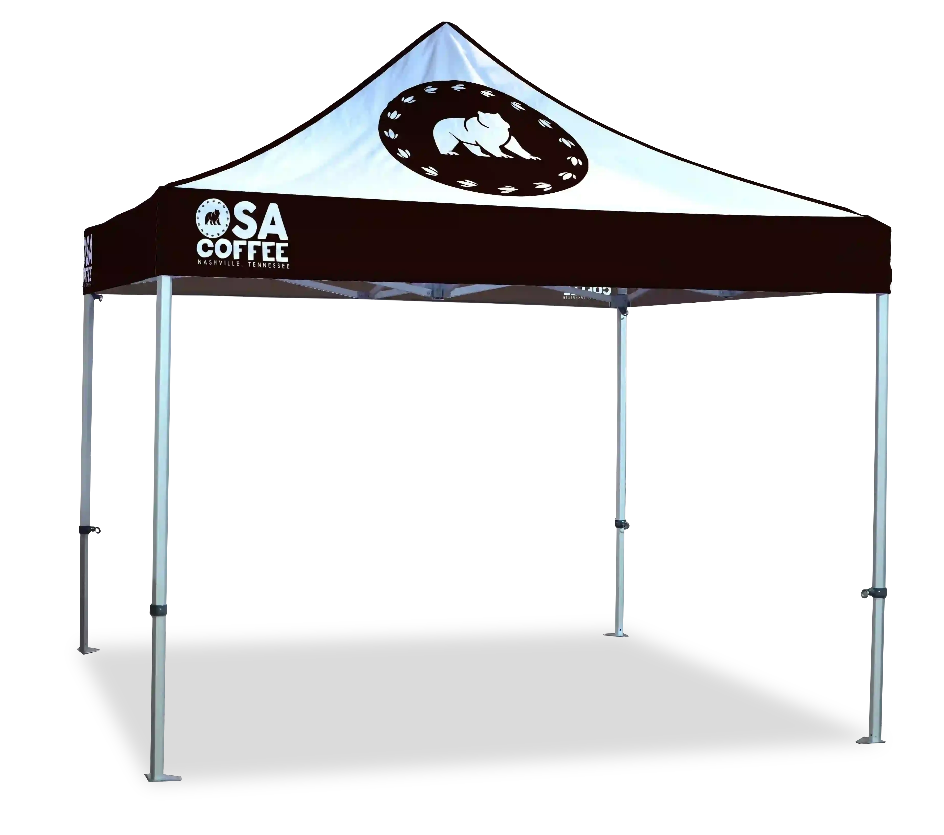 Pop-up tent with OSA Coffee branding on a white background