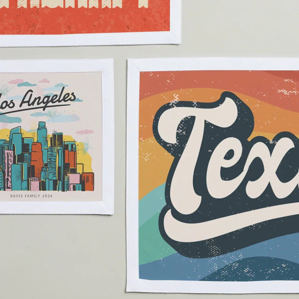 Three framed artworks on a wall