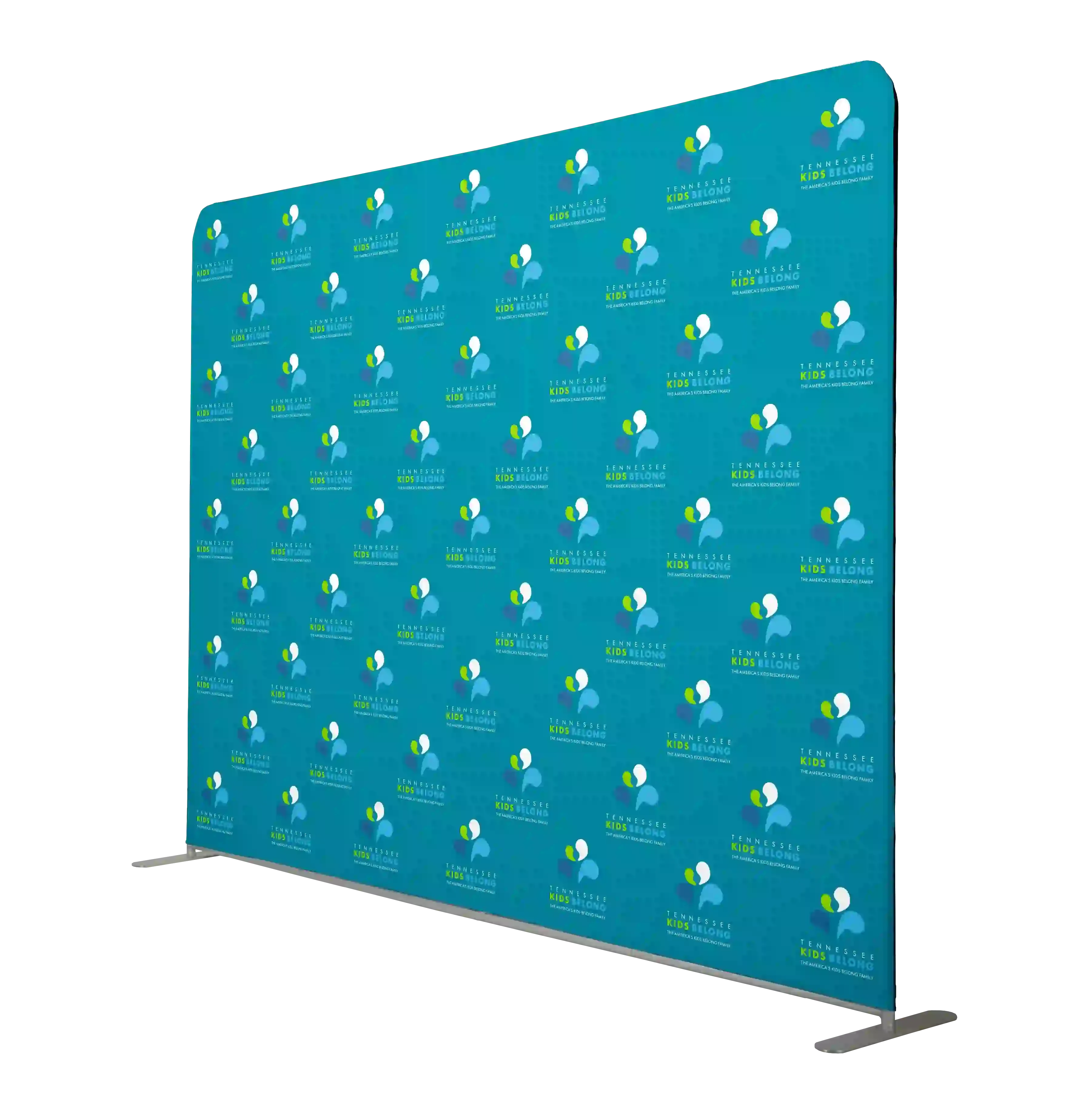 Teal step and repeat banner with a pattern on a white background