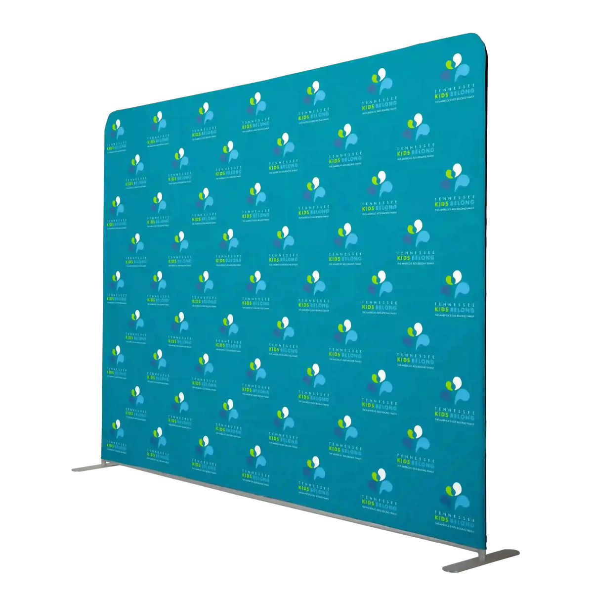 Teal step and repeat banner with a pattern on a white background