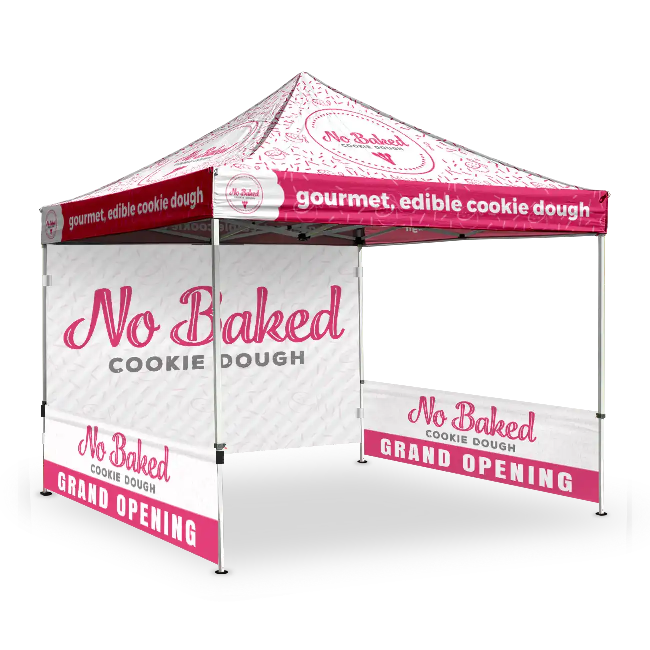 Pop-up tent with 'No Baked Cookie Dough' branding on a white background