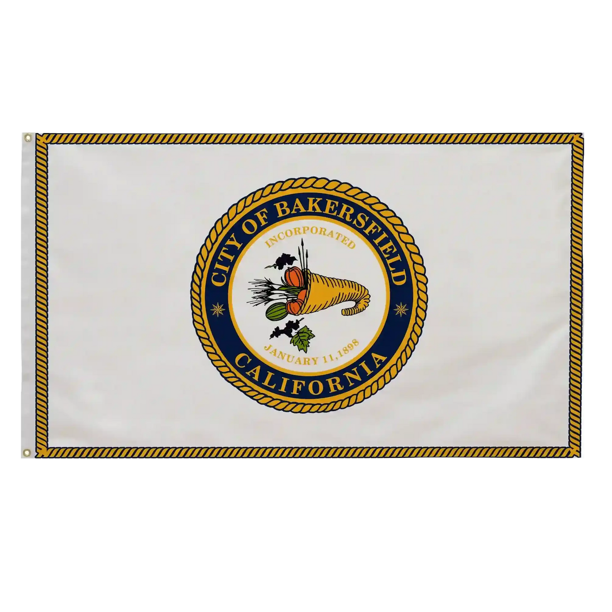 Flag with the seal of the City of Bakersfield, California on a white background