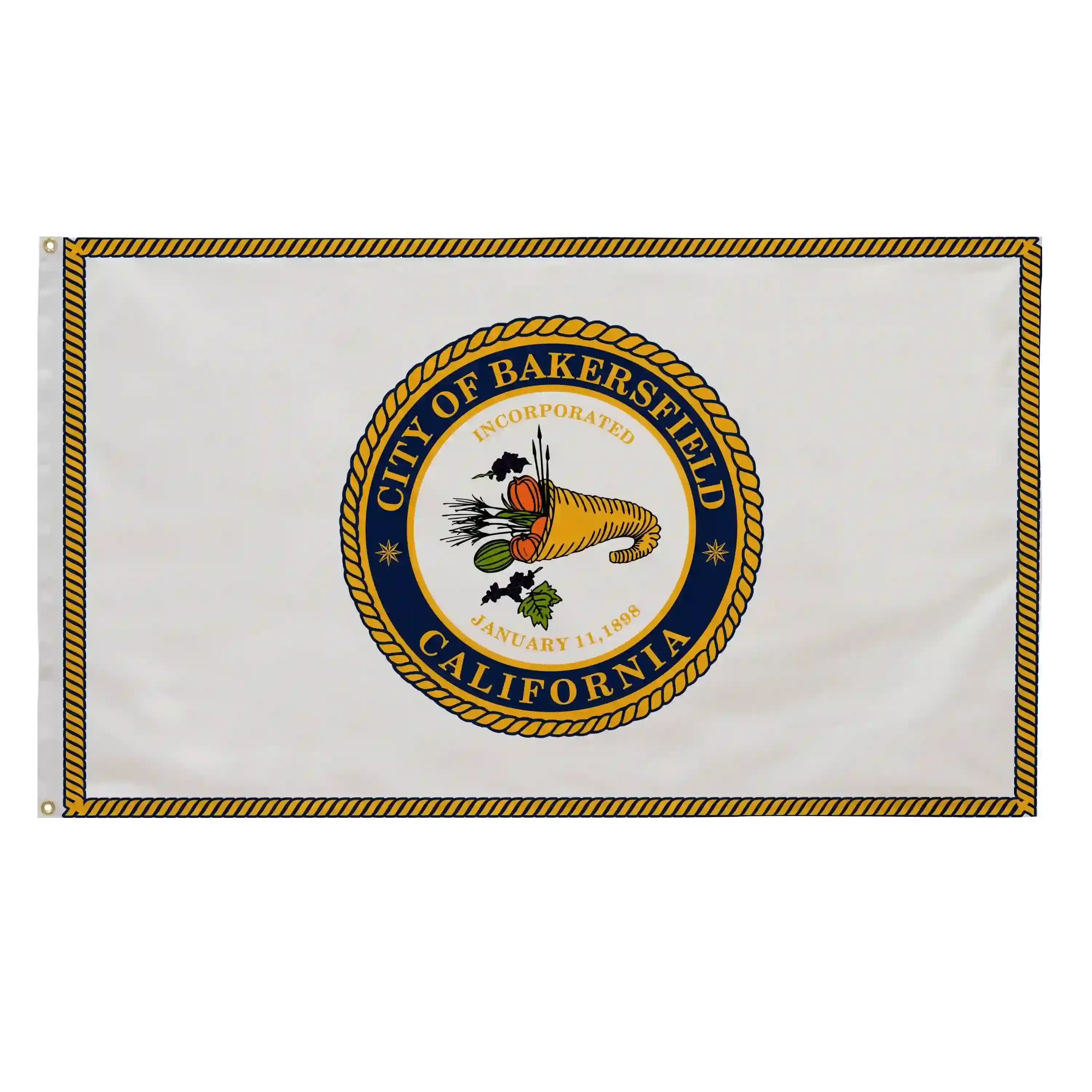 Flag with the seal of the City of Bakersfield, California on a white background