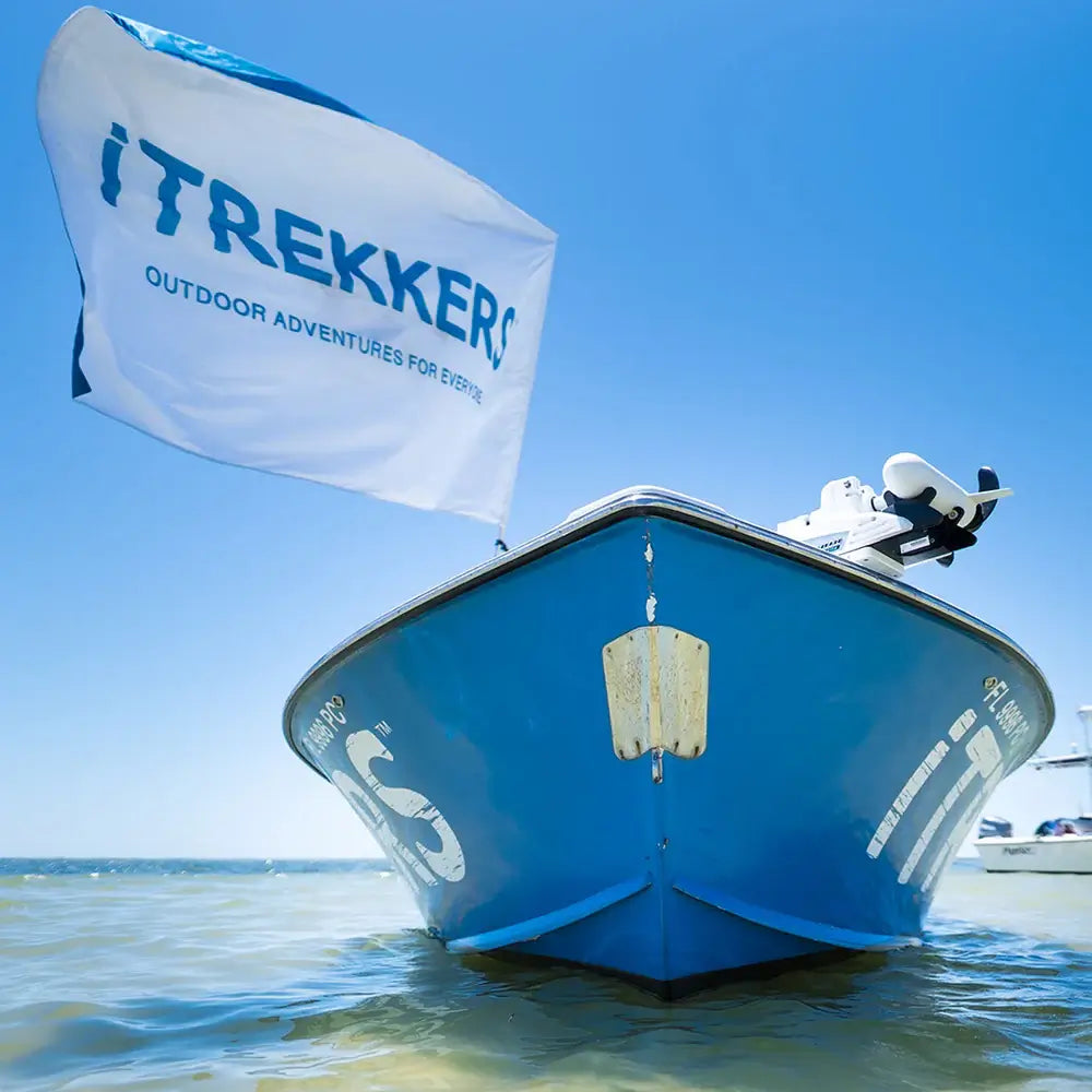 Blue Boat with White Custom Flag