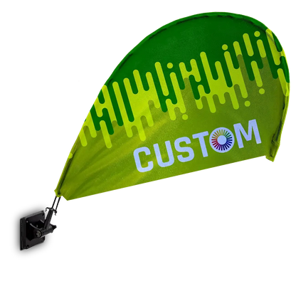 Green and yellow kite with 'CUSTOM' branding on a white background