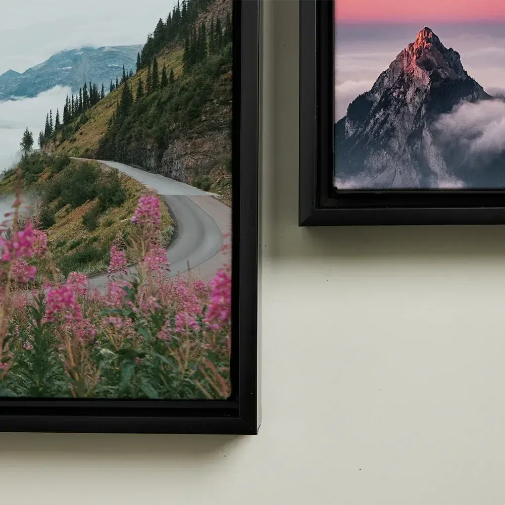 Two framed pictures of mountain landscapes on a wall.