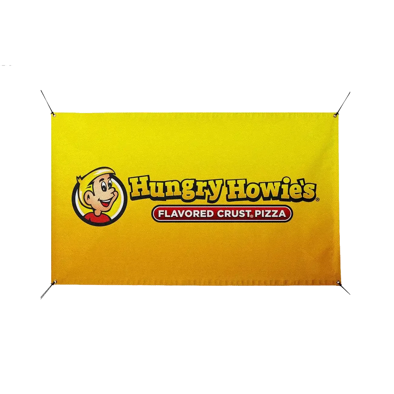 Hungry Howie's pizza banner with logo on a yellow background