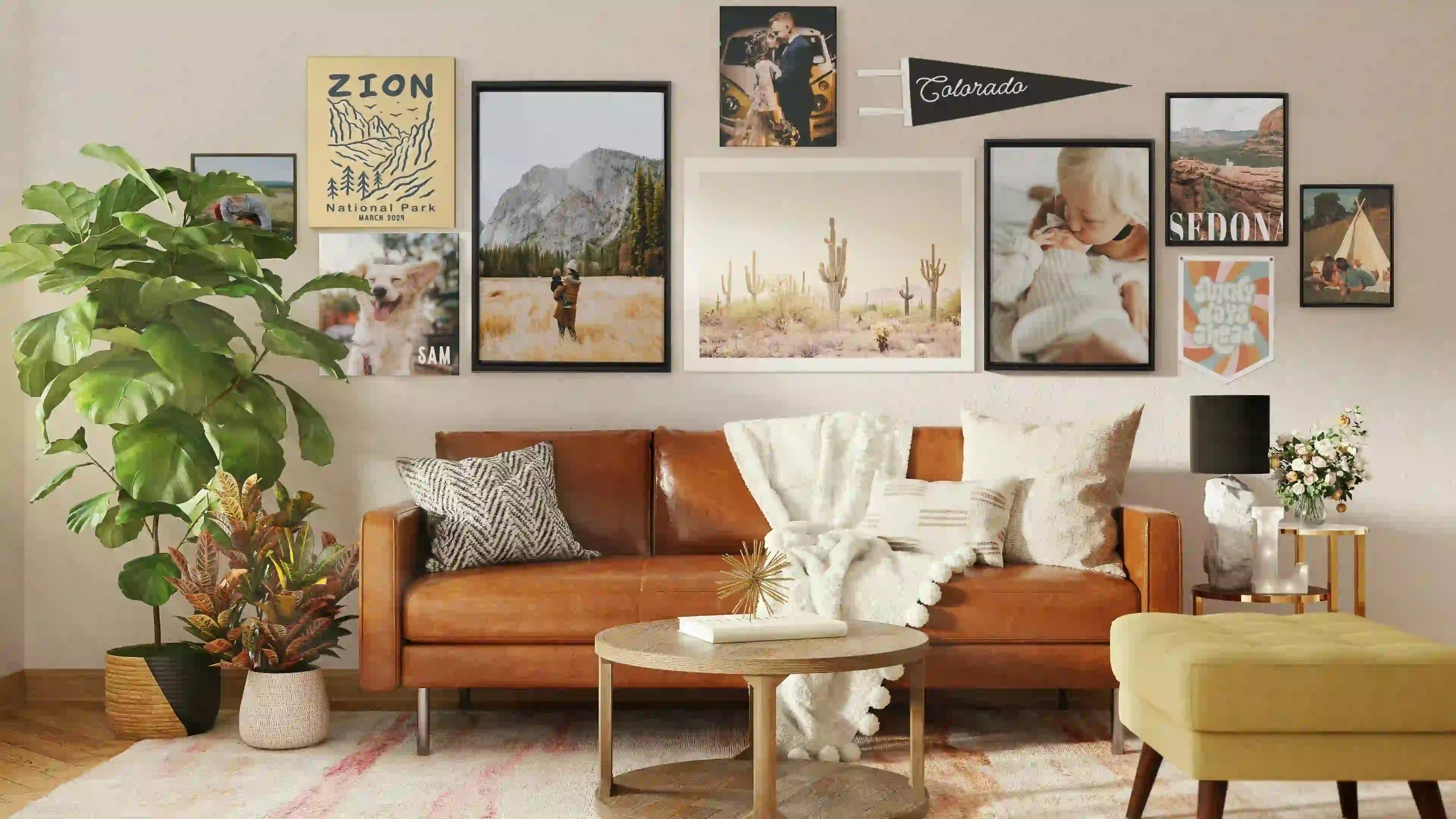Living room with brown leather sofa, yellow armchair, and wall art