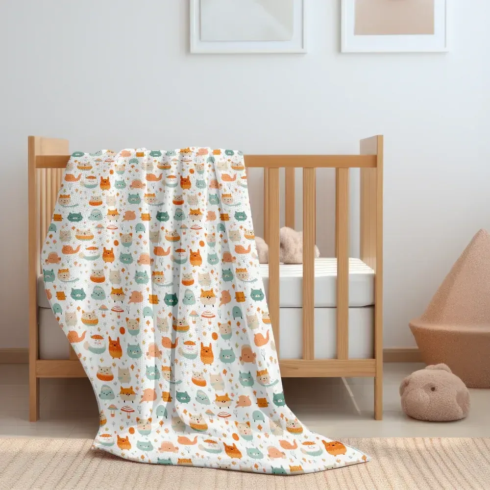 Baby crib with a colorful blanket featuring animal patterns in a nursery setting.