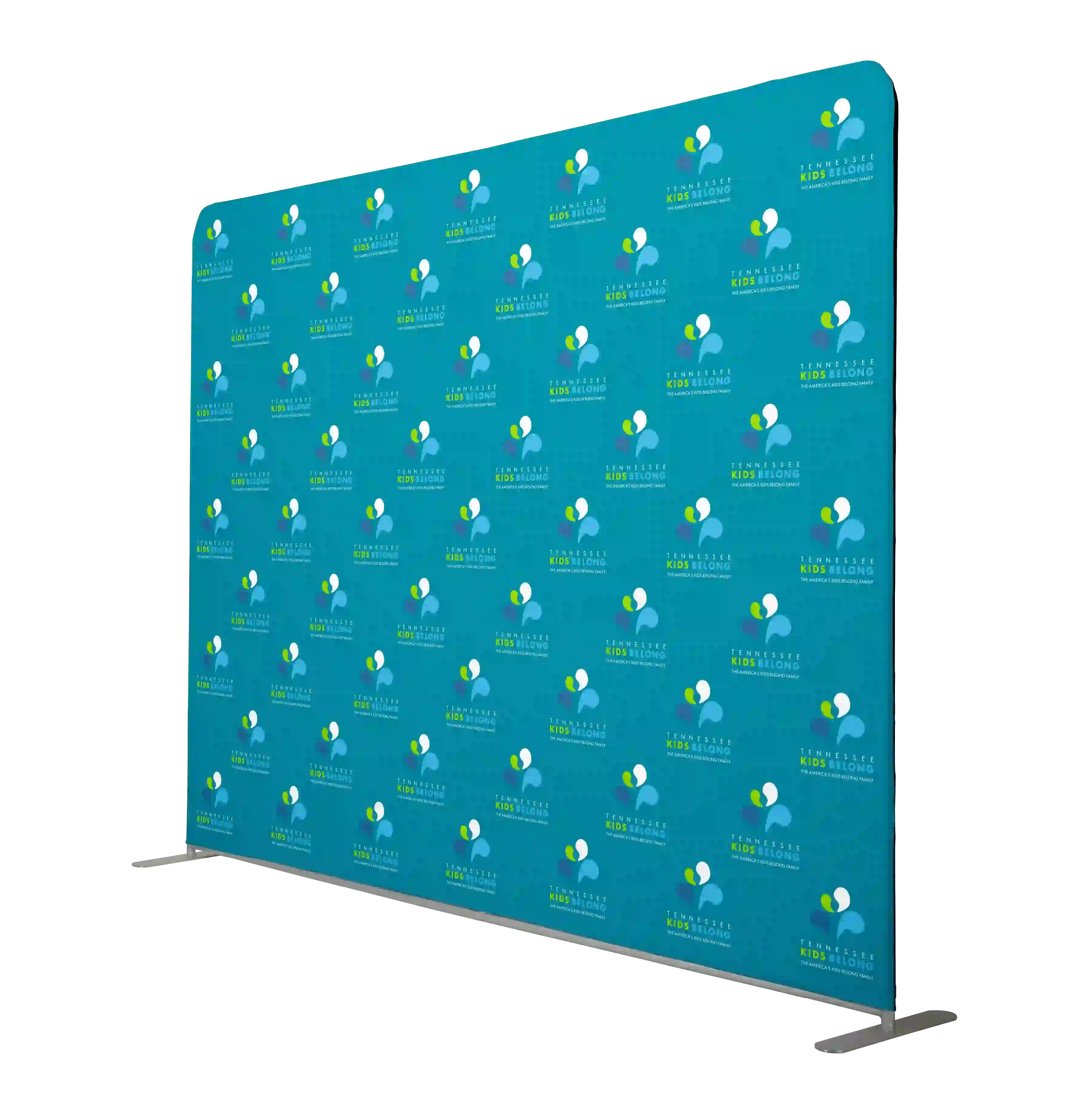 Teal step and repeat banner with a pattern on a white background