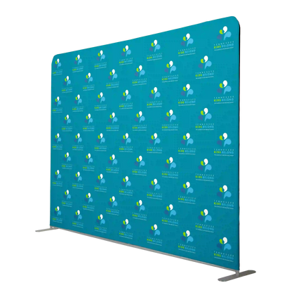 Teal step and repeat banner with a pattern on a white background